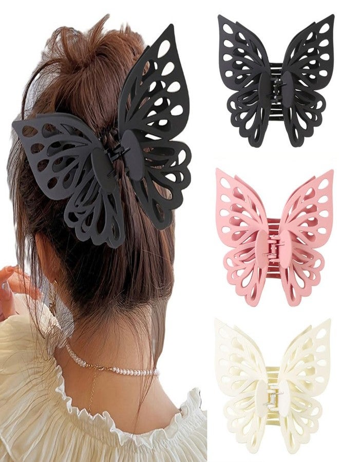 GSHLLO 3 Pcs Butterfly Claw Clips Large Matte Hair Clips Non Slip Jaw Clips Spring Hair Clamps Ponytail Holders Hair Barrettes for Women Girls Black Beige Khaki - Image 2